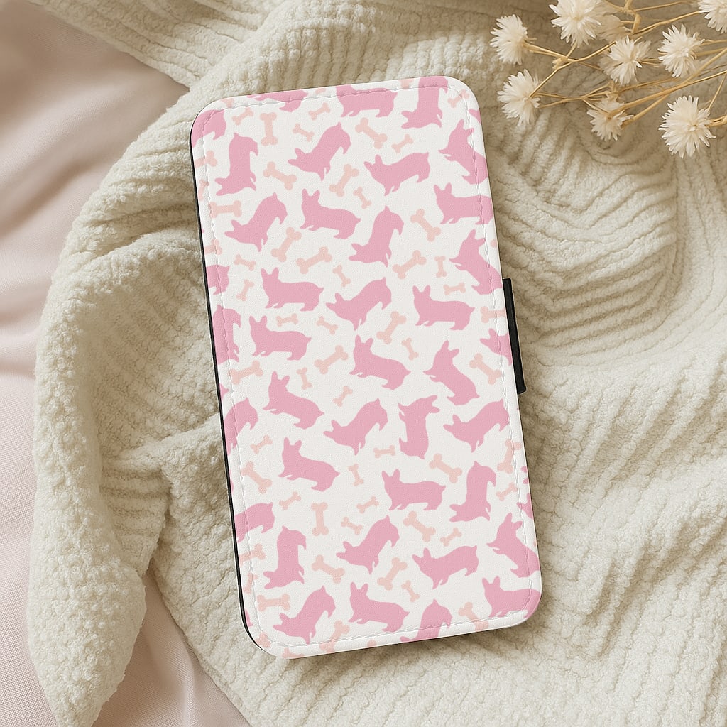Pink Corgi Silhouette Pattern Wallet Phone Case