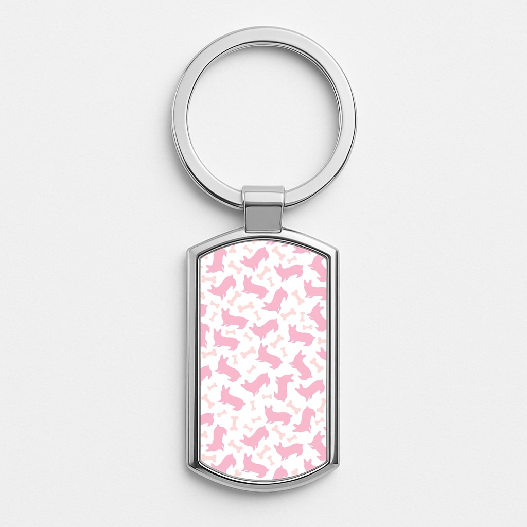 Pink Corgi Silhouette Pattern Silver Keyring
