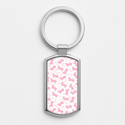 Pink Corgi Silhouette Pattern Silver Keyring