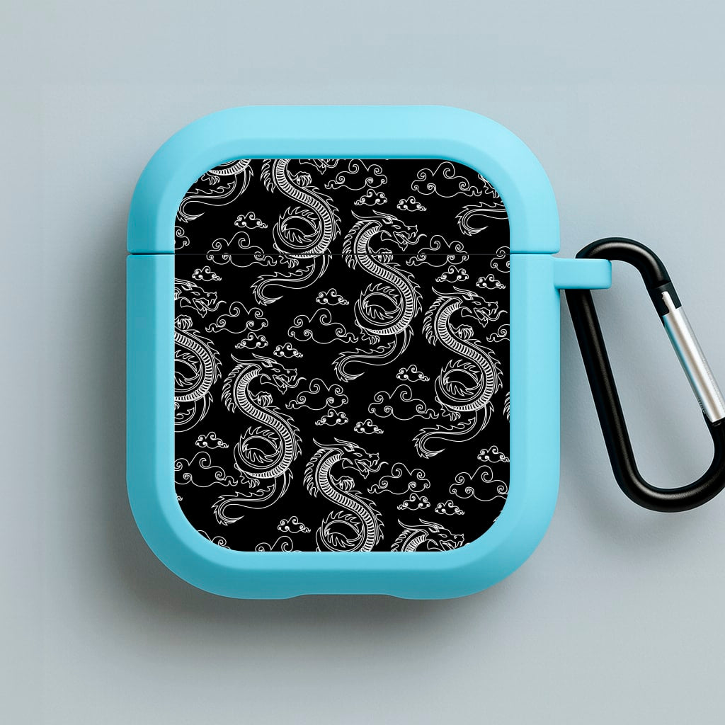 Black And White Dragon Pattern Blue AirPods Case