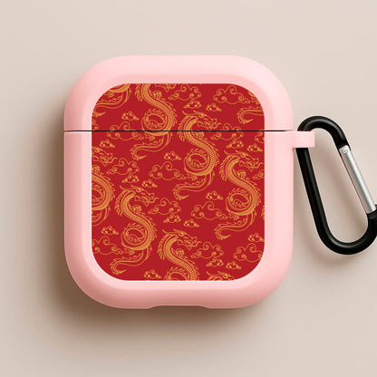 Red And Gold Dragon Pattern Pink AirPods Case