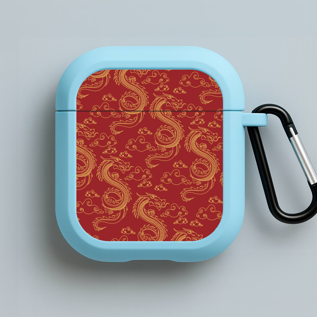Red And Gold Dragon Pattern Blue AirPods Case