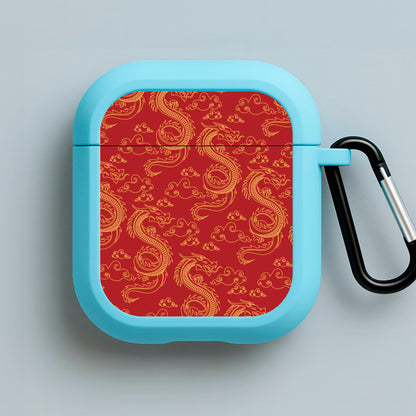 Red And Gold Dragon Pattern Blue AirPods Case