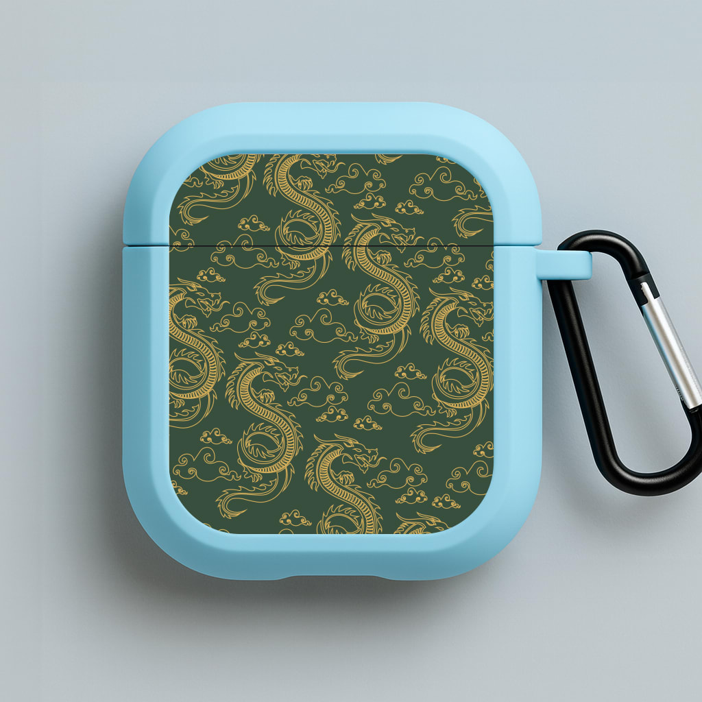 Green And Gold Dragon Pattern Blue AirPods Case