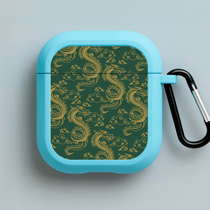 Green And Gold Dragon Pattern Blue AirPods Case