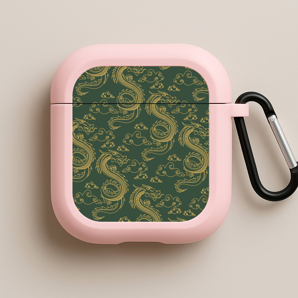 Green And Gold Dragon Pattern Pink AirPods Case