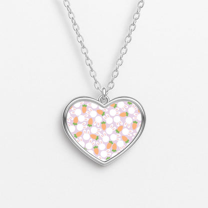Rabbits And Carrots - Easter Patterns Heart Necklace