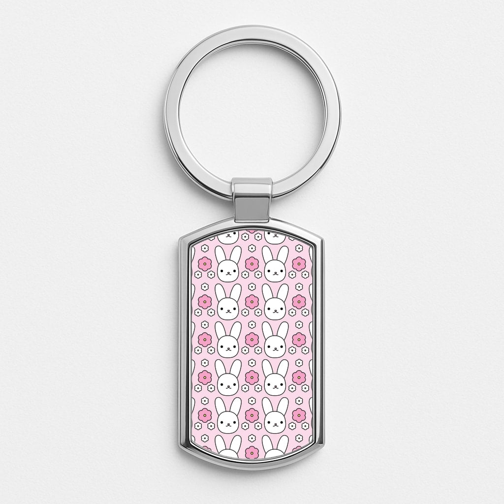 Bunnies And Flowers Pattern Silver Keyring