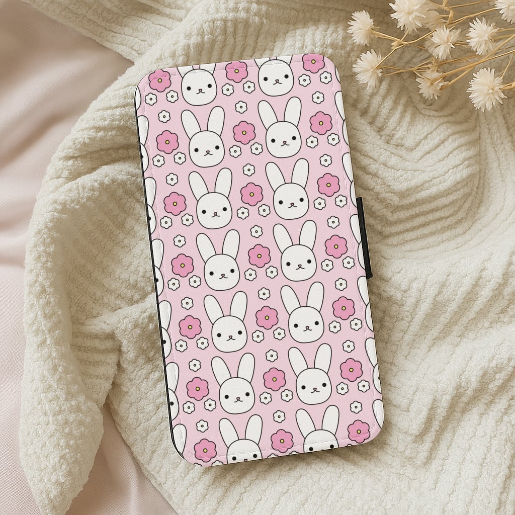 Bunnies And Flowers Pattern Wallet Phone Case