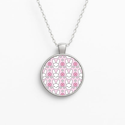 Bunnies And Flowers Pattern Circle Necklace