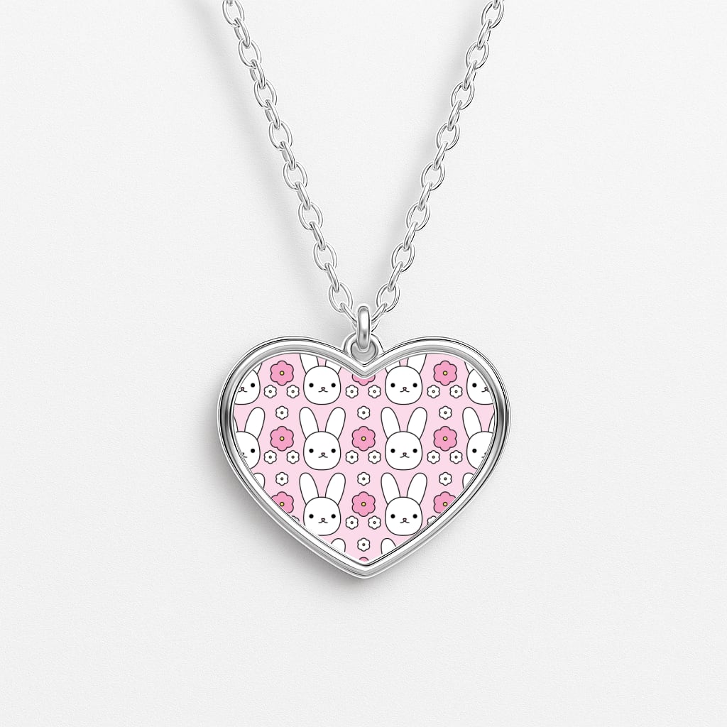 Bunnies And Flowers Pattern Heart Necklace