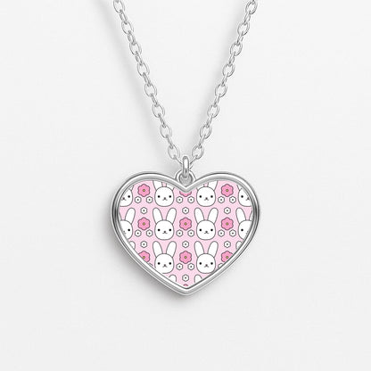 Bunnies And Flowers Pattern Heart Necklace