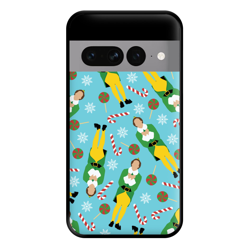 Elf Candy Cane Pattern Blue Phone Case for Google Pixel 7 Pro