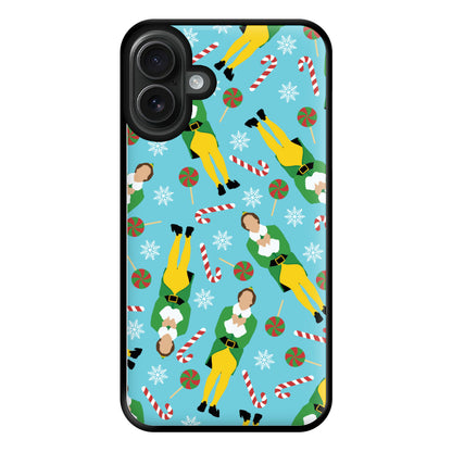 Elf Candy Cane Pattern Blue Phone Case for iPhone 16 Plus