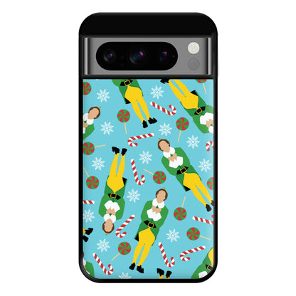 Elf Candy Cane Pattern Blue Phone Case for Google Pixel 8 Pro