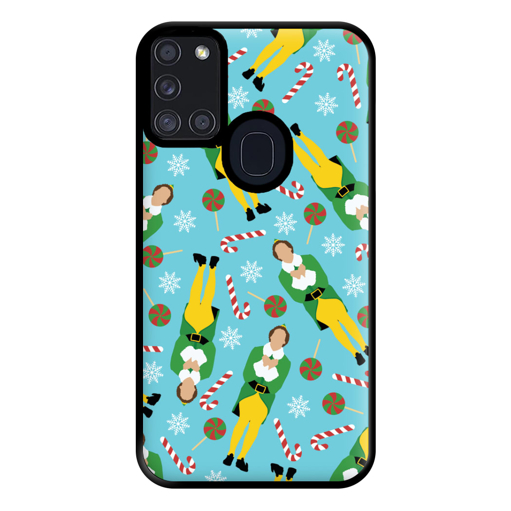 Elf Candy Cane Pattern Blue Phone Case for Galaxy A21s