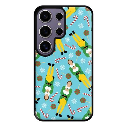 Elf Candy Cane Pattern Blue Phone Case for Galaxy S25 Ultra