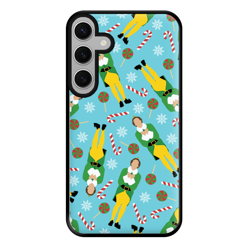 Elf Candy Cane Pattern Blue Phone Case for Galaxy S24FE