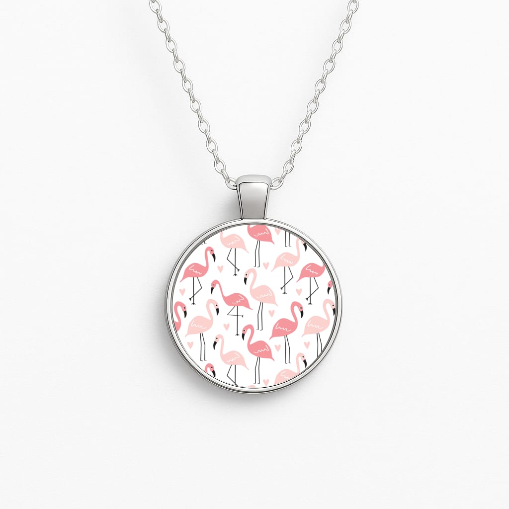 White & Pink Flamingo Pattern Circle Necklace