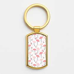 White & Pink Flamingo Pattern Gold Keyring