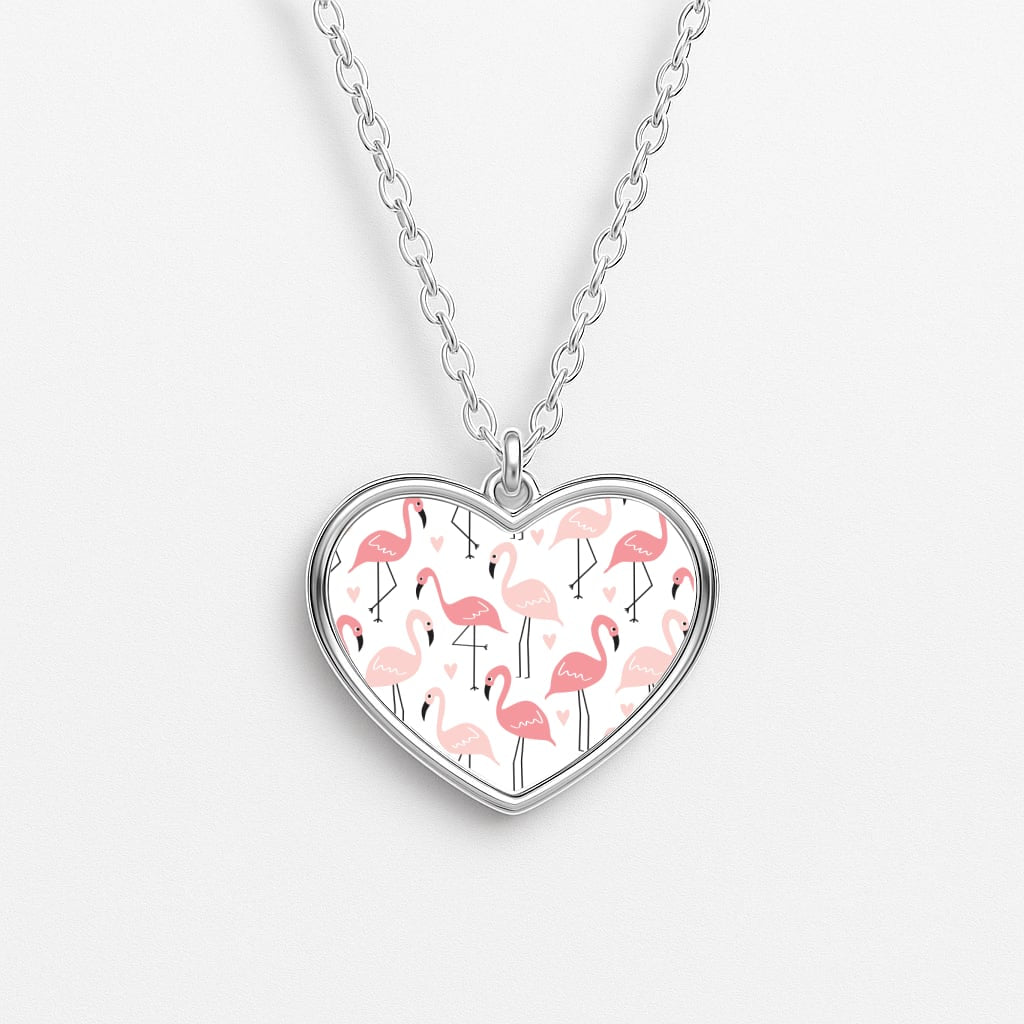 White & Pink Flamingo Pattern Heart Necklace