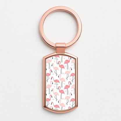 White & Pink Flamingo Pattern Rose Gold Keyring