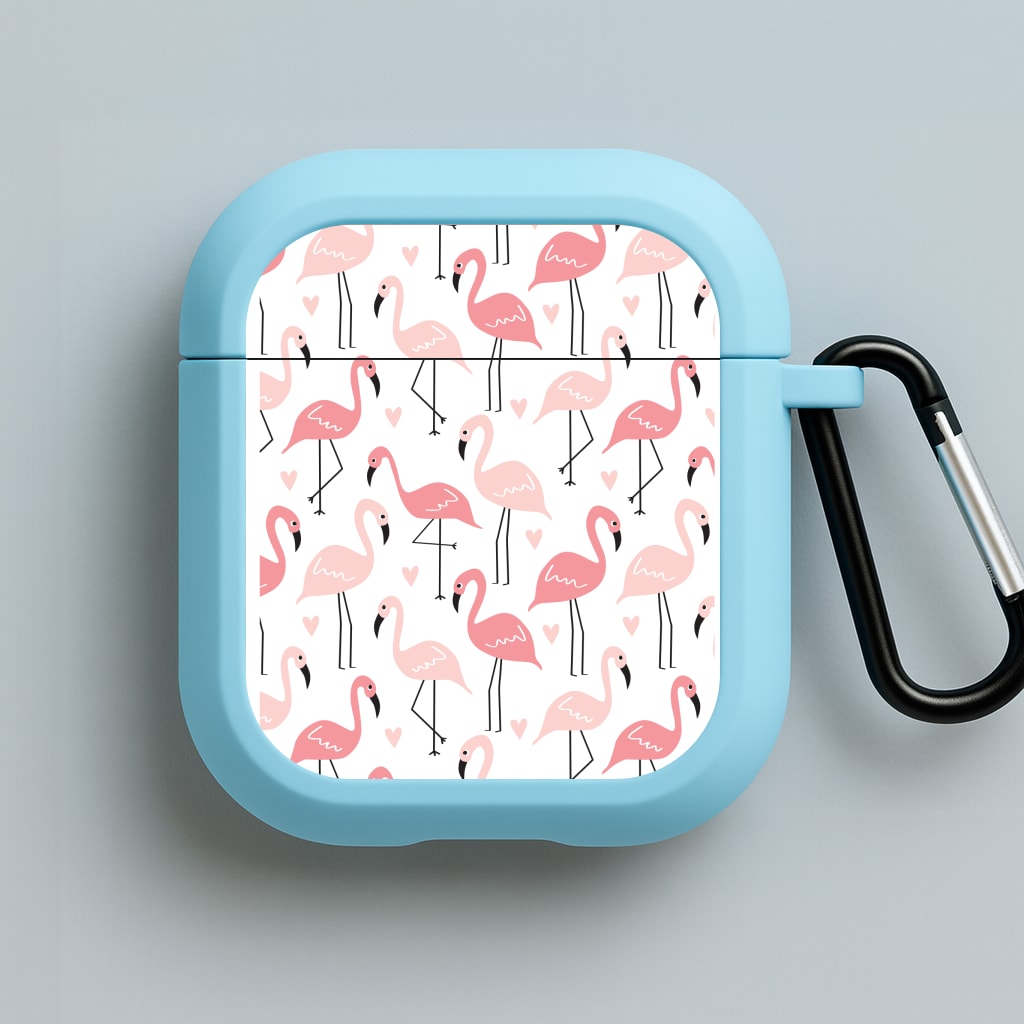 White & Pink Flamingo Pattern Blue AirPods Case