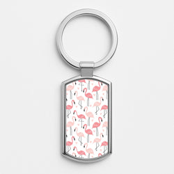 White & Pink Flamingo Pattern Silver Keyring