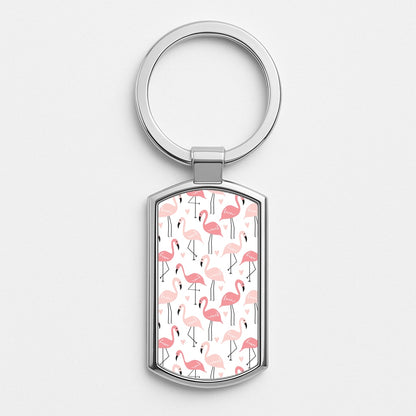 White & Pink Flamingo Pattern Silver Keyring