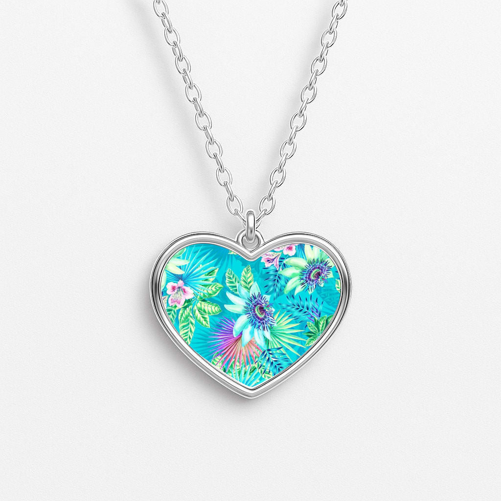 Blue Floral Pattern Heart Necklace