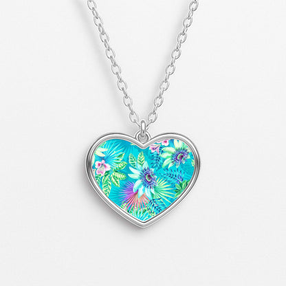 Blue Floral Pattern Heart Necklace