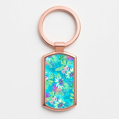 Blue Floral Pattern Rose Gold Keyring