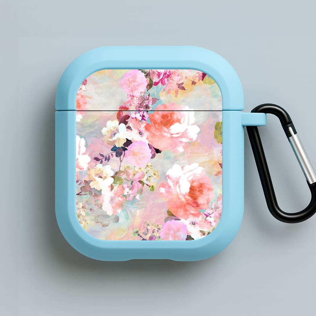 Pastel Pink Floral Pattern Blue AirPods Case