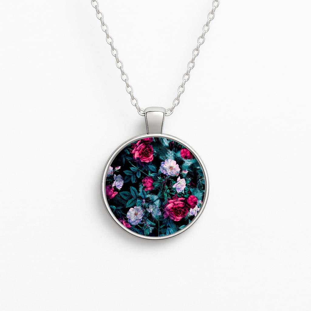 Black Floral Pattern Circle Necklace