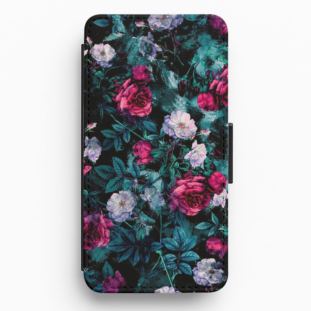 Black Floral Pattern Flip / Wallet Phone Case