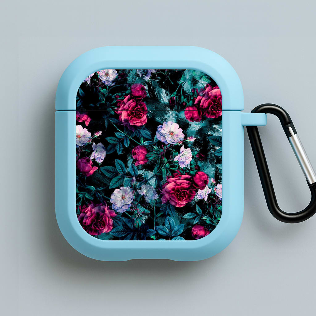 Black Floral Pattern Blue AirPods Case