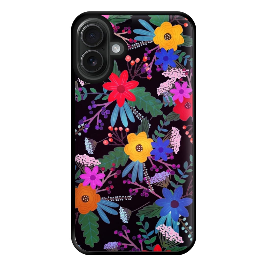 Black & Colourful Floral Pattern Phone Case for iPhone 16 Plus