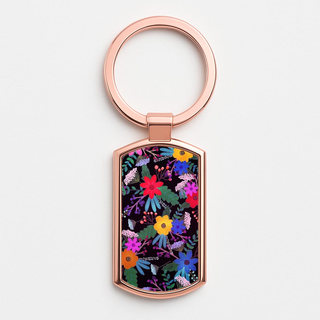 Black & Colourful Floral Pattern Rose Gold Keyring