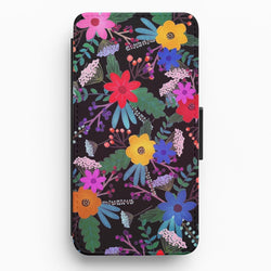 Black & Colourful Floral Pattern Flip / Wallet Phone Case