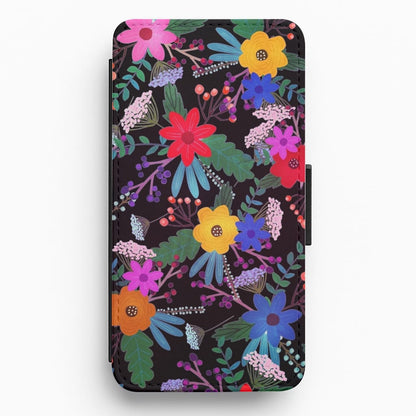Black & Colourful Floral Pattern Flip / Wallet Phone Case