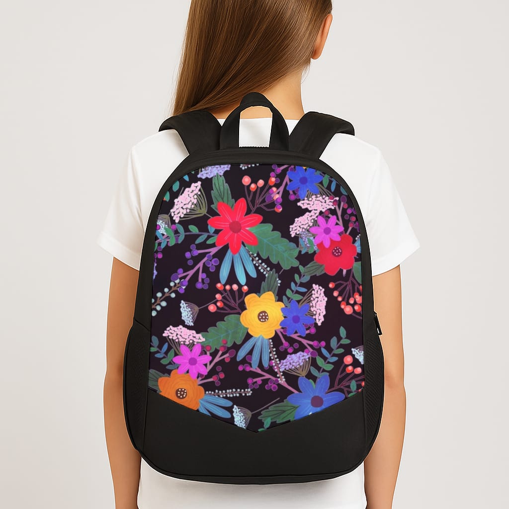 Black & Colourful Floral Pattern Large School Bag