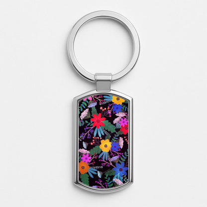 Black & Colourful Floral Pattern Silver Keyring