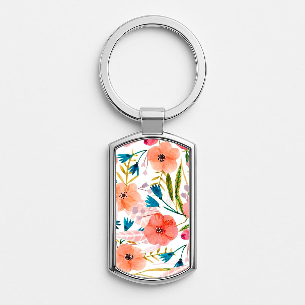 Peach Watercolour Floral Pattern Silver Keyring