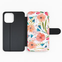 Peach Watercolour Floral Pattern Flip Wallet Phone Case