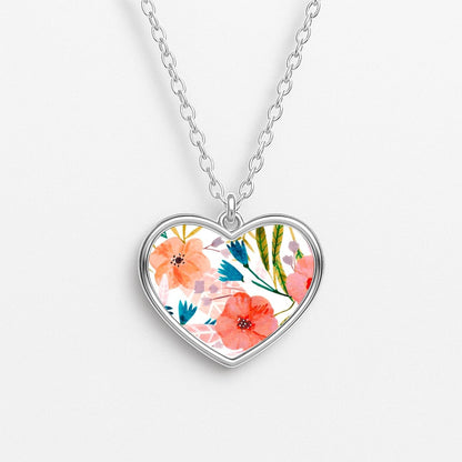 Peach Watercolour Floral Pattern Heart Necklace