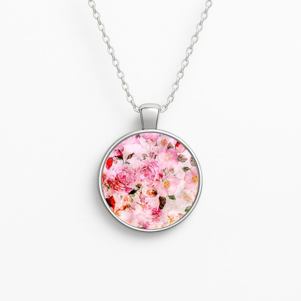Pretty Pink Chic Floral Pattern Circle Necklace