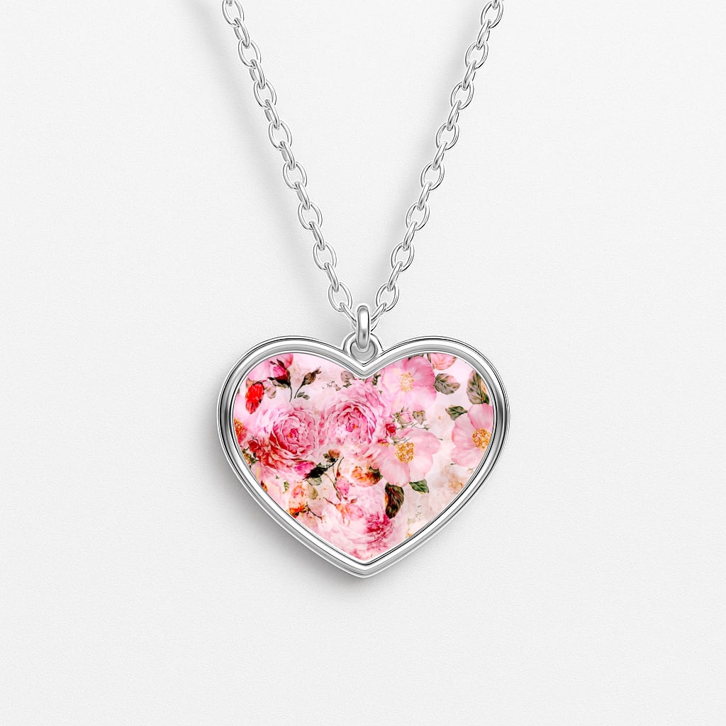 Pretty Pink Chic Floral Pattern Heart Necklace