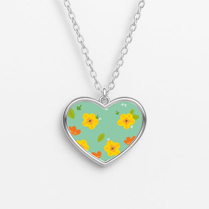 Yellow And Orange Pattern - Floral Heart Necklace