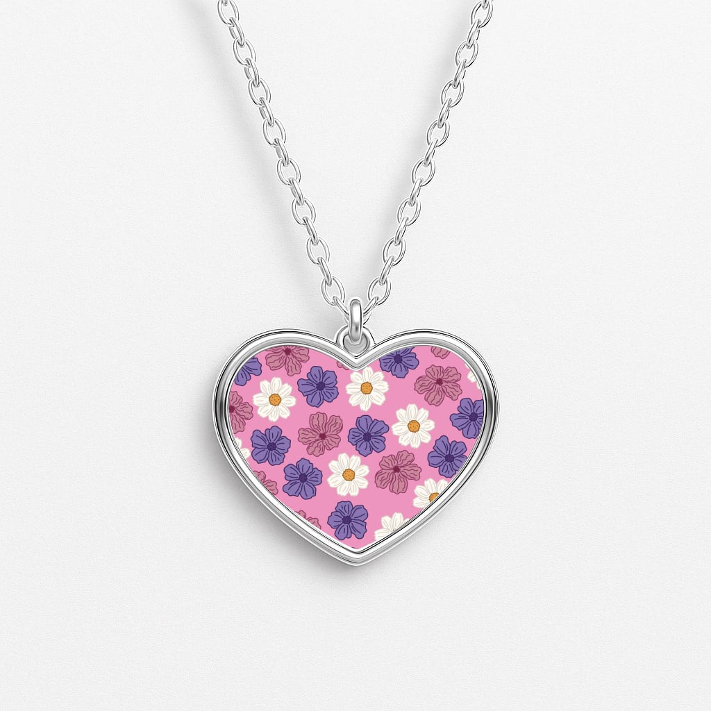 Pink, Purple And White Flowers - Floral Patterns Heart Necklace
