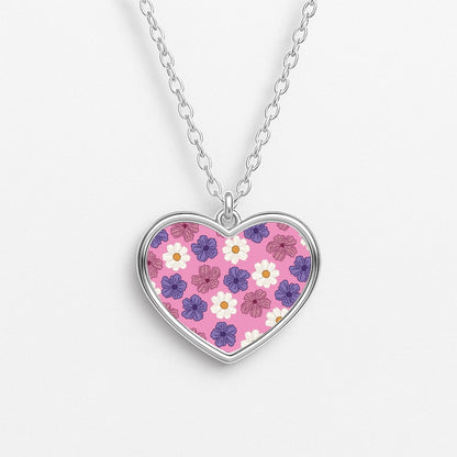 Pink, Purple And White Flowers - Floral Patterns Heart Necklace